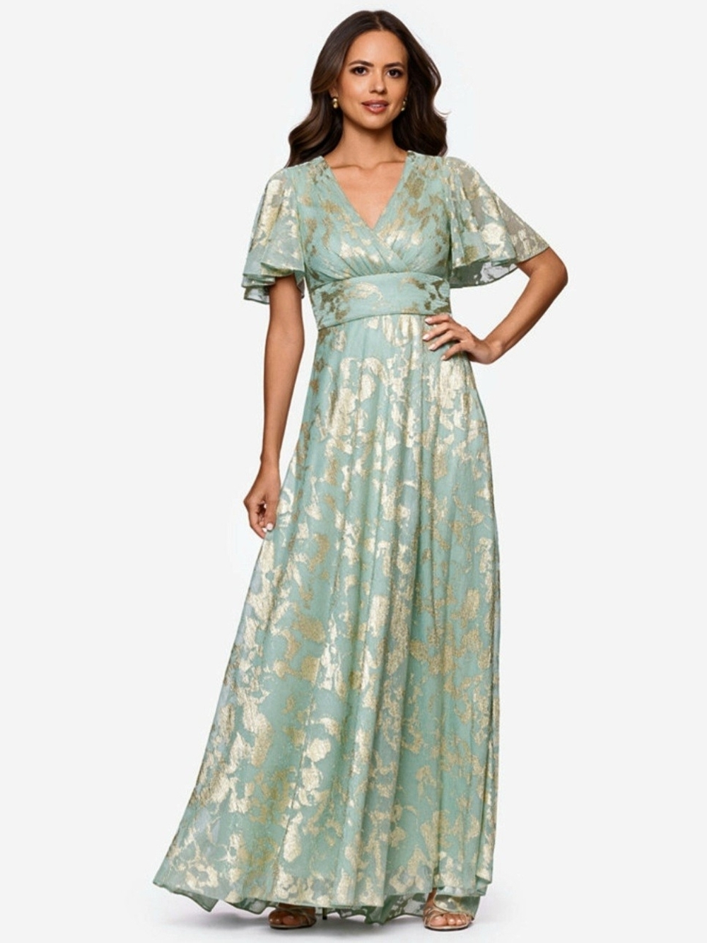 Betsy & Adam Elegant Sage Gold V Neck Foil Maxi Dress Gown New With Tags